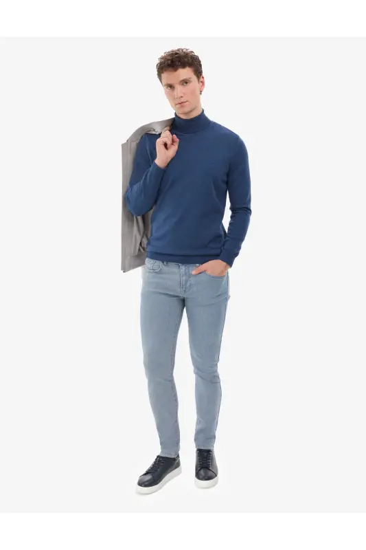 İndigo Melanj Slim Fit Balıkçı Yaka Basic Triko Kazak 50314202-VR155 - İndigo Melanj - 5