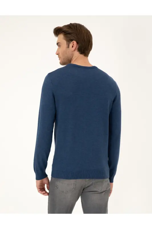 İndigo Melanj Slim Fit Bisiklet Yaka Basic Triko Kazak 50296575-VR155-İndigo Melanj - 5