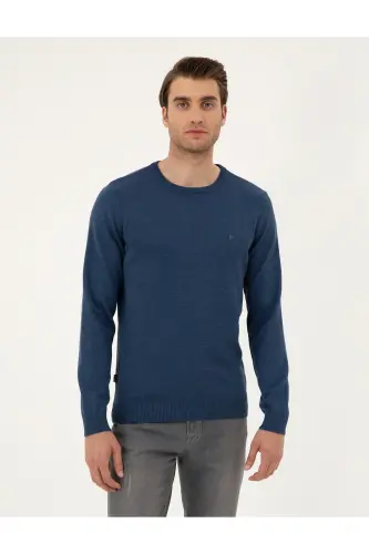 İndigo Melanj Slim Fit Bisiklet Yaka Basic Triko Kazak 50296575-VR155 - İndigo Melanj - 1