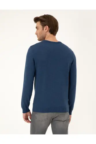 İndigo Melanj Slim Fit Bisiklet Yaka Basic Triko Kazak 50296575-VR155 - İndigo Melanj - 5
