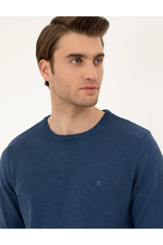 İndigo Melanj Slim Fit Bisiklet Yaka Basic Triko Kazak 50296575-VR155-İndigo Melanj - 2