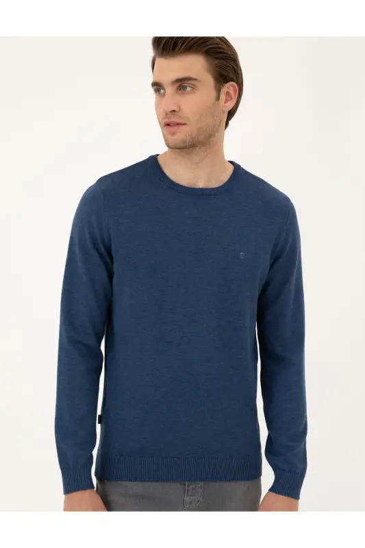 İndigo Melanj Slim Fit Bisiklet Yaka Basic Triko Kazak 50296575-VR155-İndigo Melanj - 3