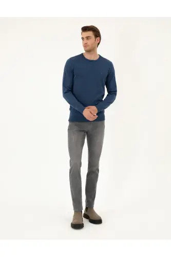 İndigo Melanj Slim Fit Bisiklet Yaka Basic Triko Kazak 50296575-VR155-İndigo Melanj - 4
