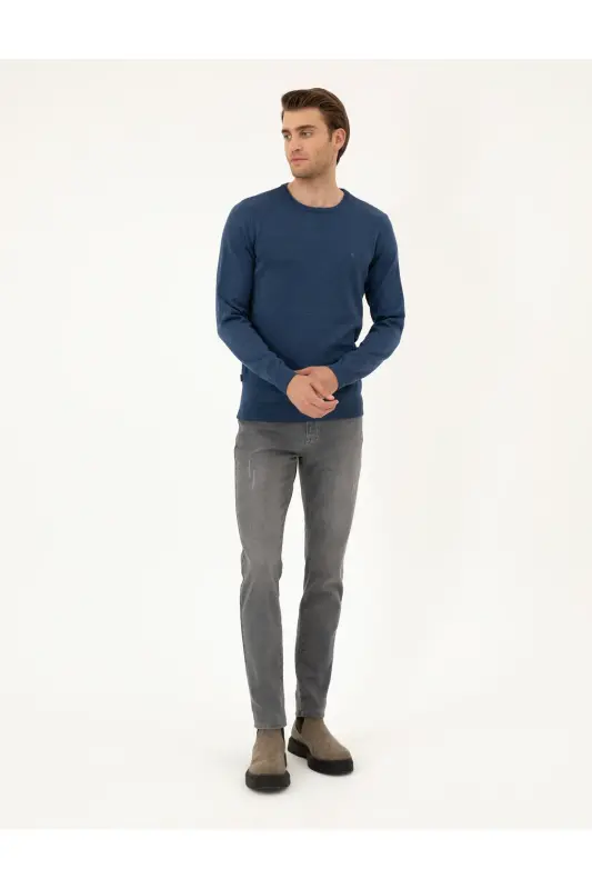 İndigo Melanj Slim Fit Bisiklet Yaka Basic Triko Kazak 50296575-VR155-İndigo Melanj - 4