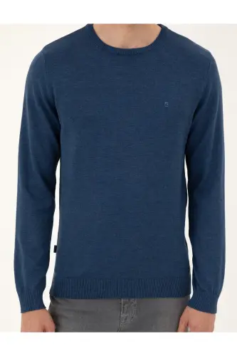 İndigo Melanj Slim Fit Bisiklet Yaka Basic Triko Kazak 50296575-VR155-İndigo Melanj - 6