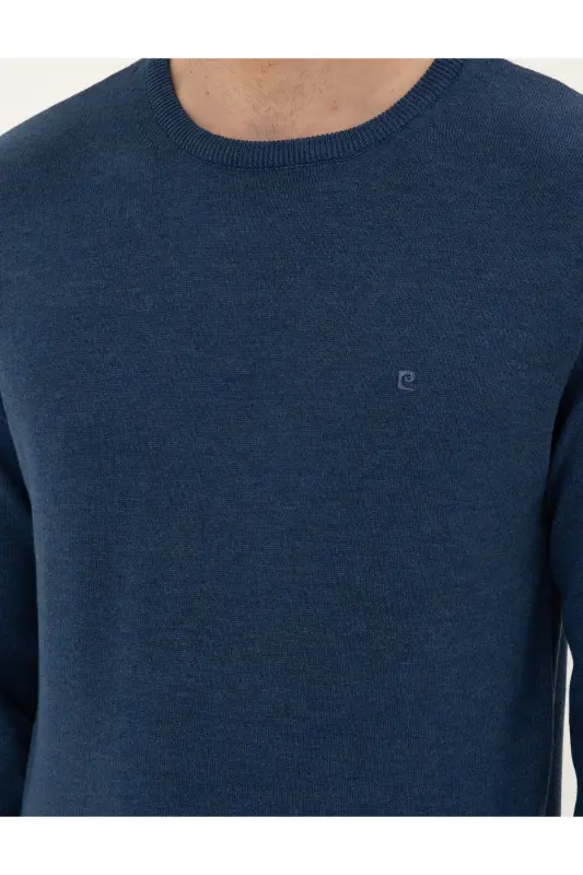 İndigo Melanj Slim Fit Bisiklet Yaka Basic Triko Kazak 50296575-VR155-İndigo Melanj - 7