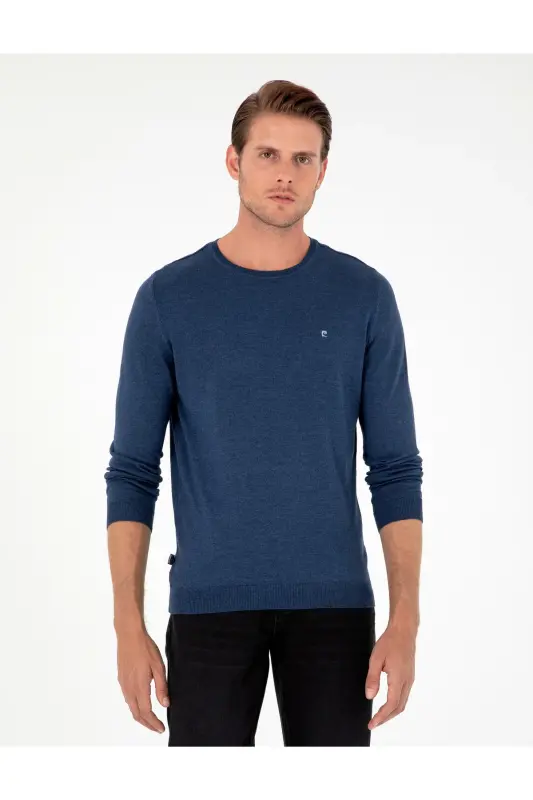 İndigo Melanj Slim Fit Bisiklet Yaka Basic Triko Kazak 50296621-VR155-İndigo Melanj - PIERRE CARDIN