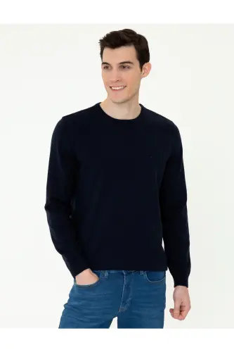 Lacivert Slim Fit Bisiklet Yaka Basic Triko Kazak 50237801-VR033 - İndigo Melanj 