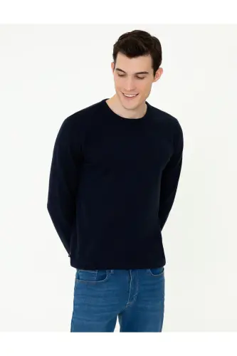 Lacivert Slim Fit Bisiklet Yaka Basic Triko Kazak 50237801-VR033 - İndigo Melanj - 3