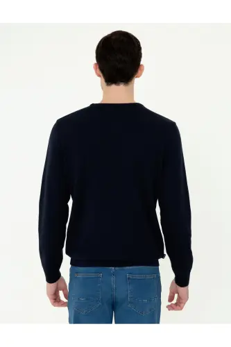Lacivert Slim Fit Bisiklet Yaka Basic Triko Kazak 50237801-VR033 - İndigo Melanj - 4