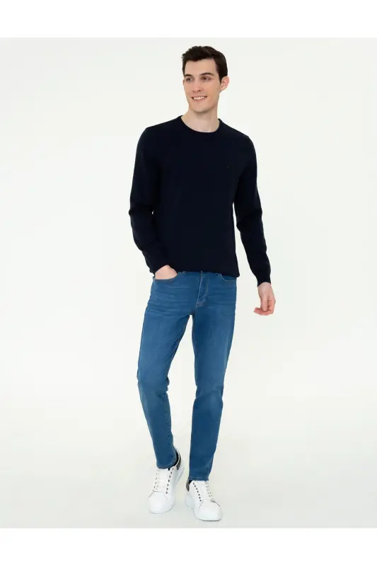 Lacivert Slim Fit Bisiklet Yaka Basic Triko Kazak 50237801-VR033 - İndigo Melanj - 5