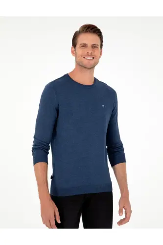 İndigo Melanj Slim Fit Bisiklet Yaka Basic Triko Kazak 50296621-VR155-İndigo Melanj - 3