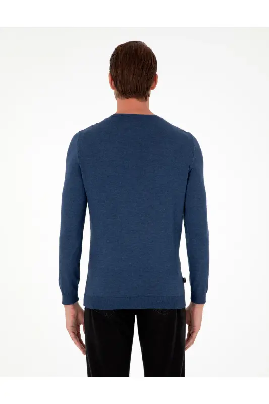 İndigo Melanj Slim Fit Bisiklet Yaka Basic Triko Kazak 50296621-VR155-İndigo Melanj - 5