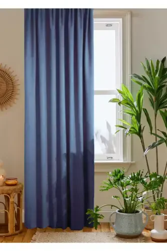 Indigo Petak Kadife Dokuli Fon Parda 140x260 Toʻgʻri Tikuvli Ekstrafor Büzgü-Indigo Moviy - 1