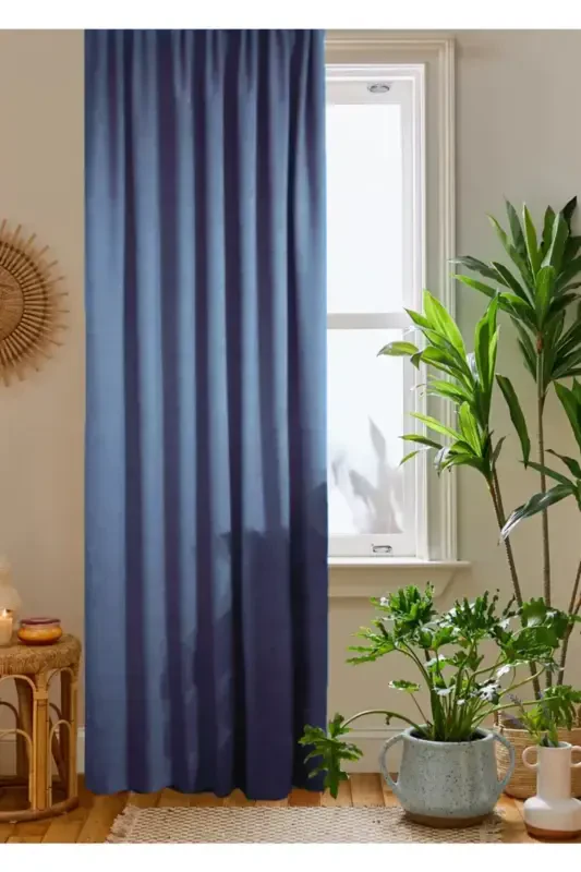 Indigo Petak Kadife Dokuli Fon Parda 140x260 Toʻgʻri Tikuvli Ekstrafor Büzgü-Indigo Moviy - 1