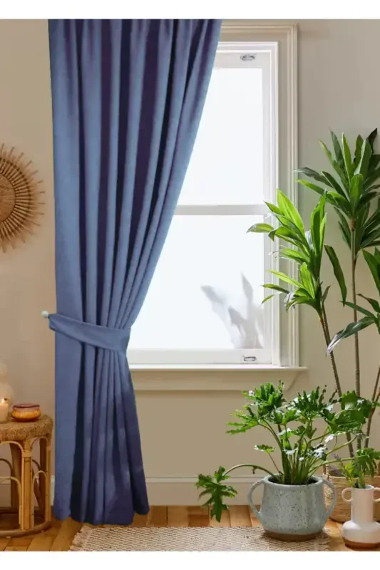 Индиго Петек Бархатная Ткань Занавеска 140x260 Прямая Строчка Экстрафор Сборка - Индиго Синий - 3