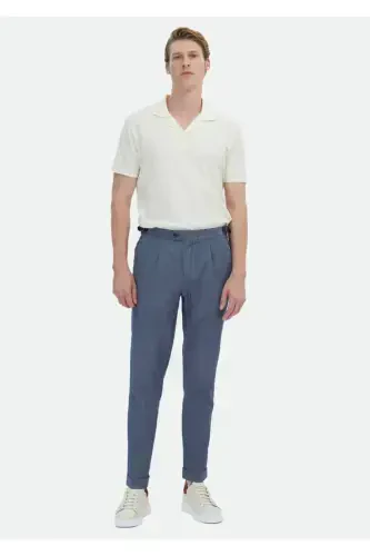 Indigo Plain Weave Regular Fit Classic Cotton Blend Trousers - 1