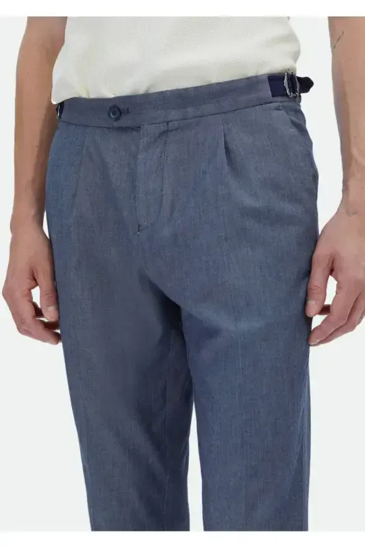 Indigo Plain Weave Regular Fit Classic Cotton Blend Trousers - 3
