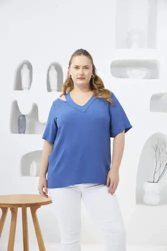 Indigo Plus Size Blouse with Collar Detail - 1