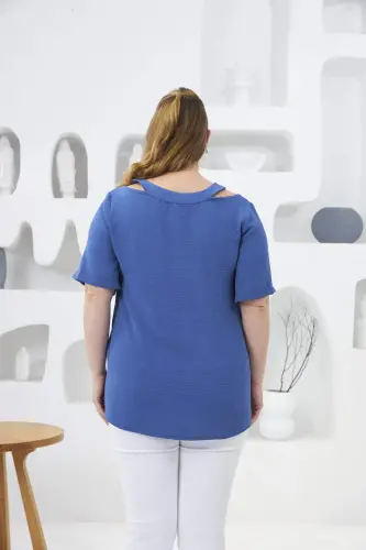 Indigo Plus Size Blouse with Collar Detail - 5