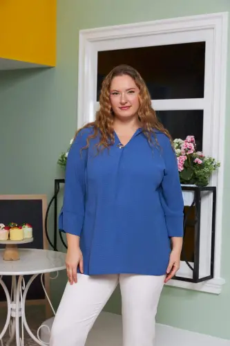 Indigo Plus Size Blouse with Collar Detail - 1