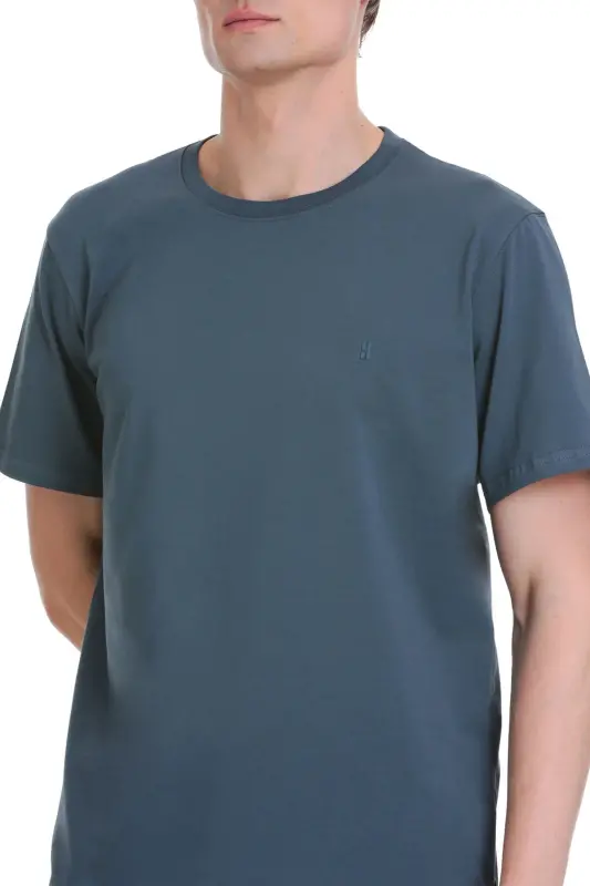 indigo Regular Fit Bisiklet Yaka Pamuklu Tişört - Indigo - 4