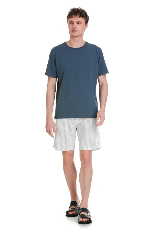 indigo Regular Fit Crew Neck Cotton T-Shirt-Indigo - 2