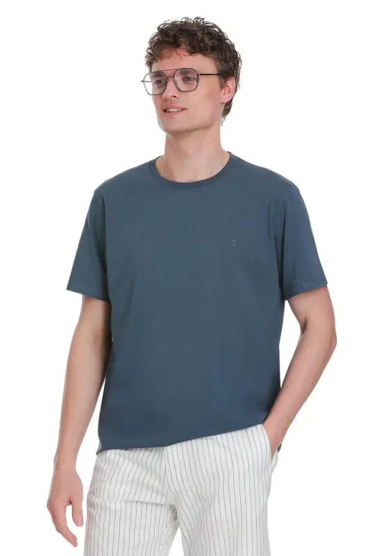 indigo Regular Fit Crew Neck Cotton T-Shirt-Indigo - 3