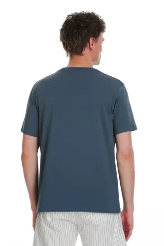 indigo Regular Fit Crew Neck Cotton T-Shirt-Indigo - 5