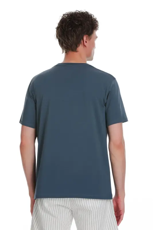 indigo Regular Fit Crew Neck Cotton T-Shirt-Indigo - 5