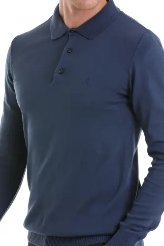 indigo Regular Fit Düz Polo Yaka Triko Kazak-indigo - 3
