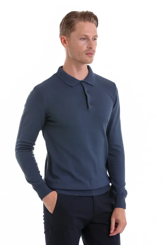 indigo Regular Fit Düz Polo Yaka Triko Kazak-indigo - 4