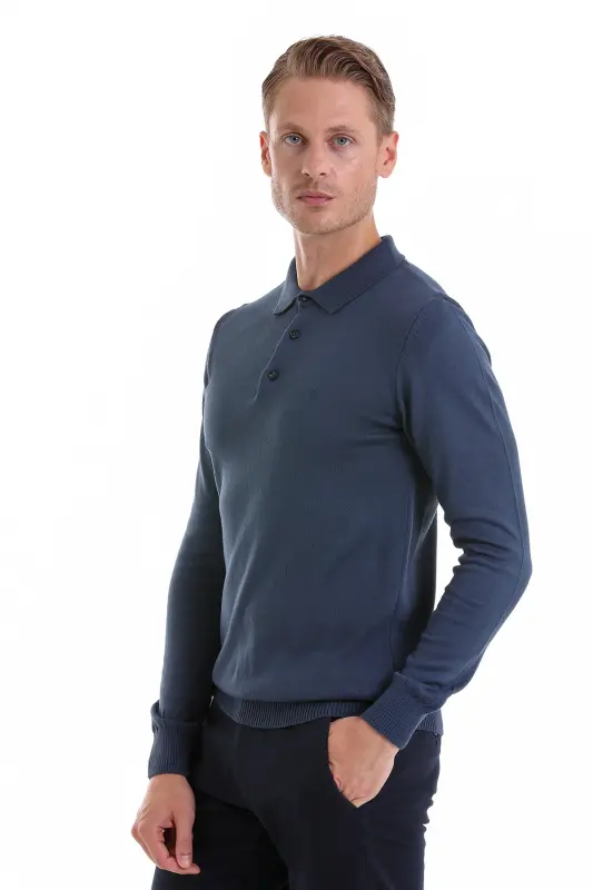 indigo Regular Fit Düz Polo Yaka Triko Kazak-indigo - 5