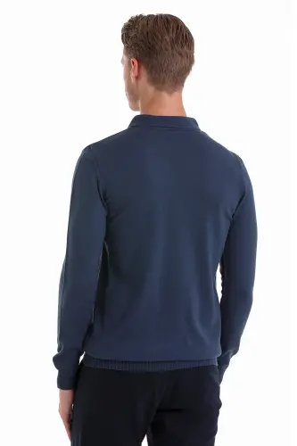 indigo Regular Fit Düz Polo Yaka Triko Kazak-indigo - 6