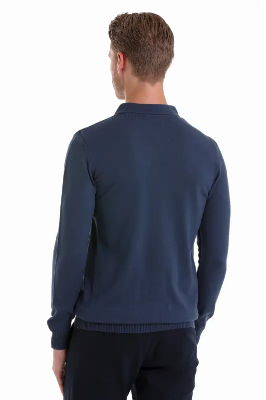 indigo Regular Fit Düz Polo Yaka Triko Kazak-indigo - 6