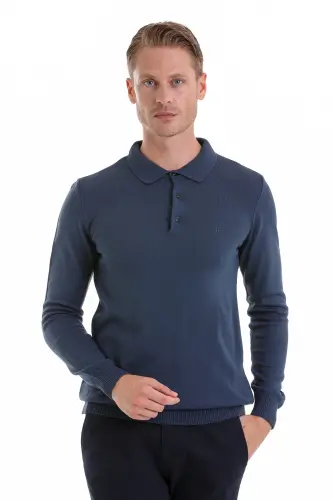 indigo Regular Fit Düz Polo Yaka Triko Kazak-indigo 