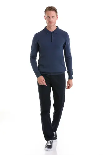 indigo Regular Fit Düz Polo Yaka Triko Kazak-indigo - HATEMOĞLU (1)