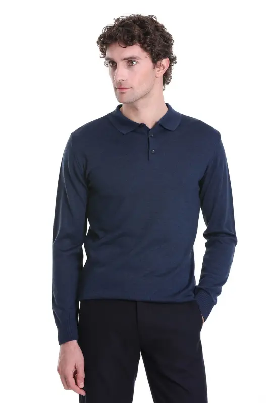 indigo Regular Fit Düz Polo Yaka Triko Kazak-Indigo - 3