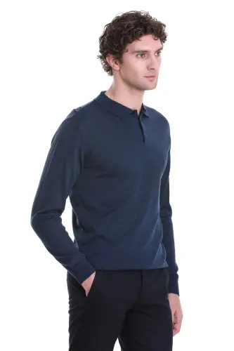 indigo Regular Fit Düz Polo Yaka Triko Kazak-Indigo - 4