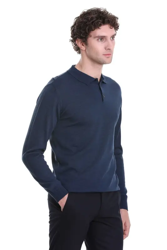 indigo Regular Fit Düz Polo Yaka Triko Kazak-Indigo - 4