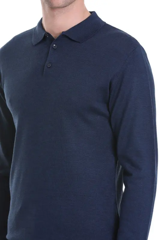 indigo Regular Fit Düz Polo Yaka Triko Kazak-Indigo - 5
