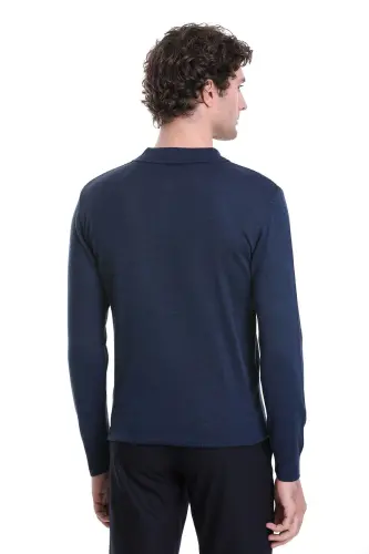 indigo Regular Fit Düz Polo Yaka Triko Kazak-Indigo - 6
