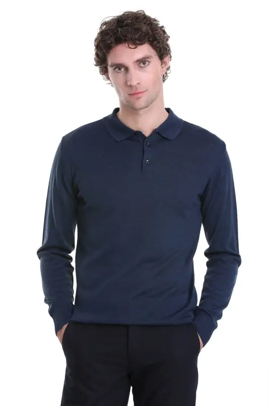 indigo Regular Fit Düz Polo Yaka Triko Kazak-Indigo - HATEMOĞLU