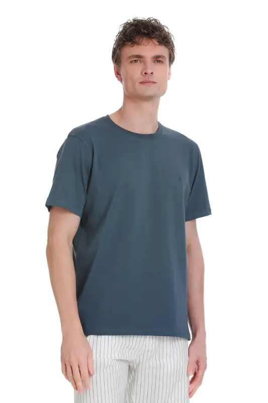 indigo Regular Fit Футболка с круглым вырезом из хлопка — темно-синяя - HATEMOĞLU