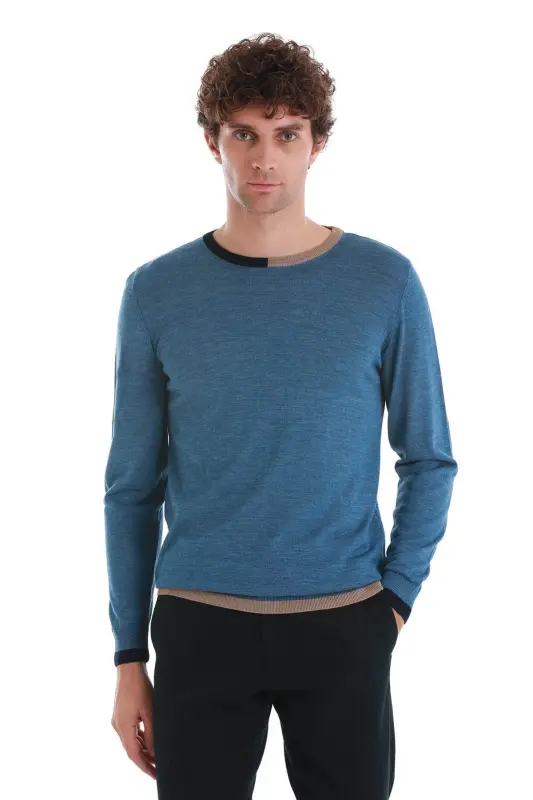 indigo Regular Fit Jacquard Crew Neck Wool Knit - HATEMOĞLU