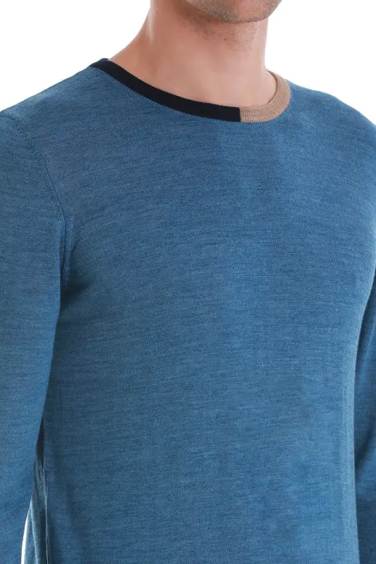 indigo Regular Fit Jacquard Crew Neck Wool Knit - 5
