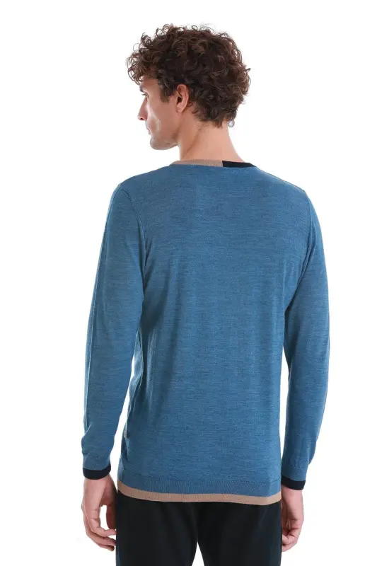 indigo Regular Fit Jacquard Crew Neck Wool Knit - 6