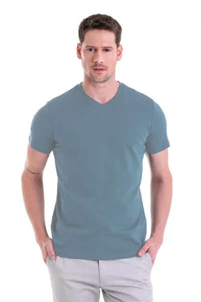 Indigo Regular Fit V-Neck T-Shirt, 100% Cotton - HATEMOĞLU