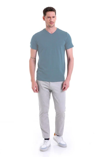 Indigo Regular Fit V-Neck T-Shirt, 100% Cotton - HATEMOĞLU (1)