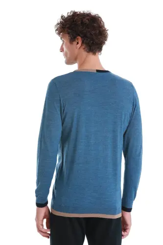 Indigo Regular Fit Жаккардовый Шерстяной Трикотаж с Круглым Вырезом - 6